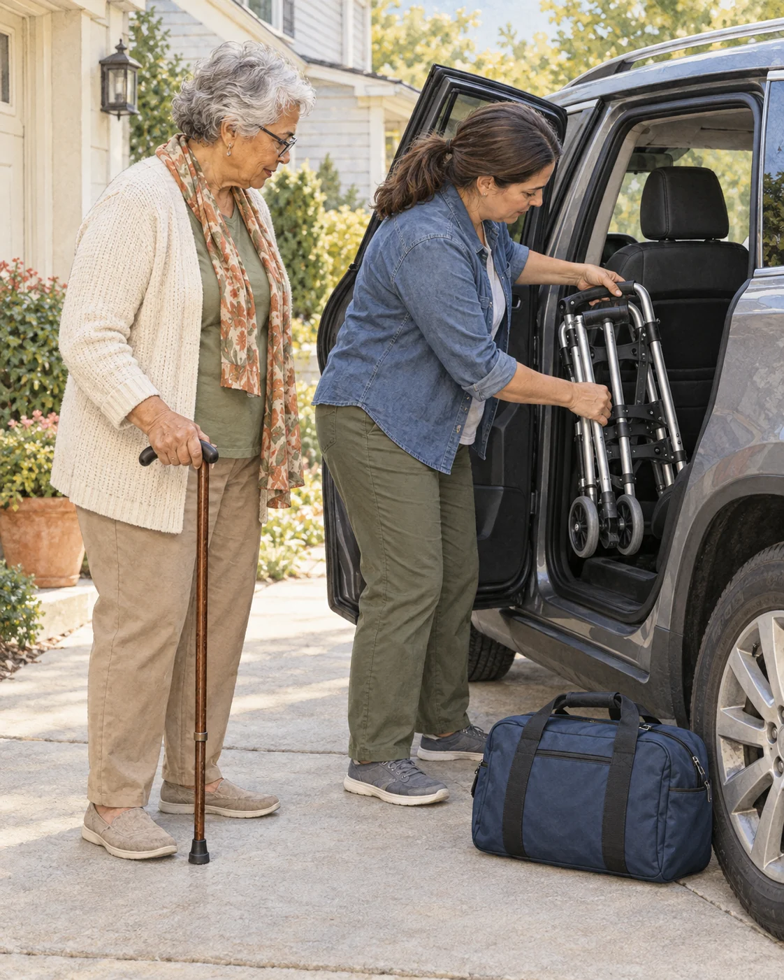 An older adult and caregiver check that a folding walker and compact bag fit through a vehicle's rear passenger door.