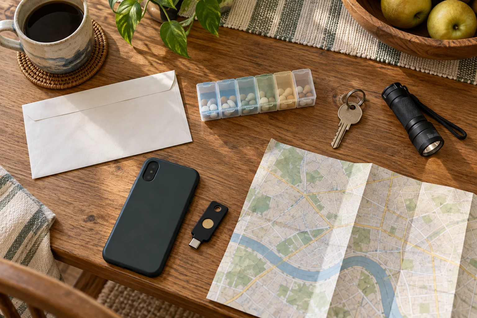 Household bill, medications, keys, flashlight, phone, security key, and local map arranged on a kitchen table