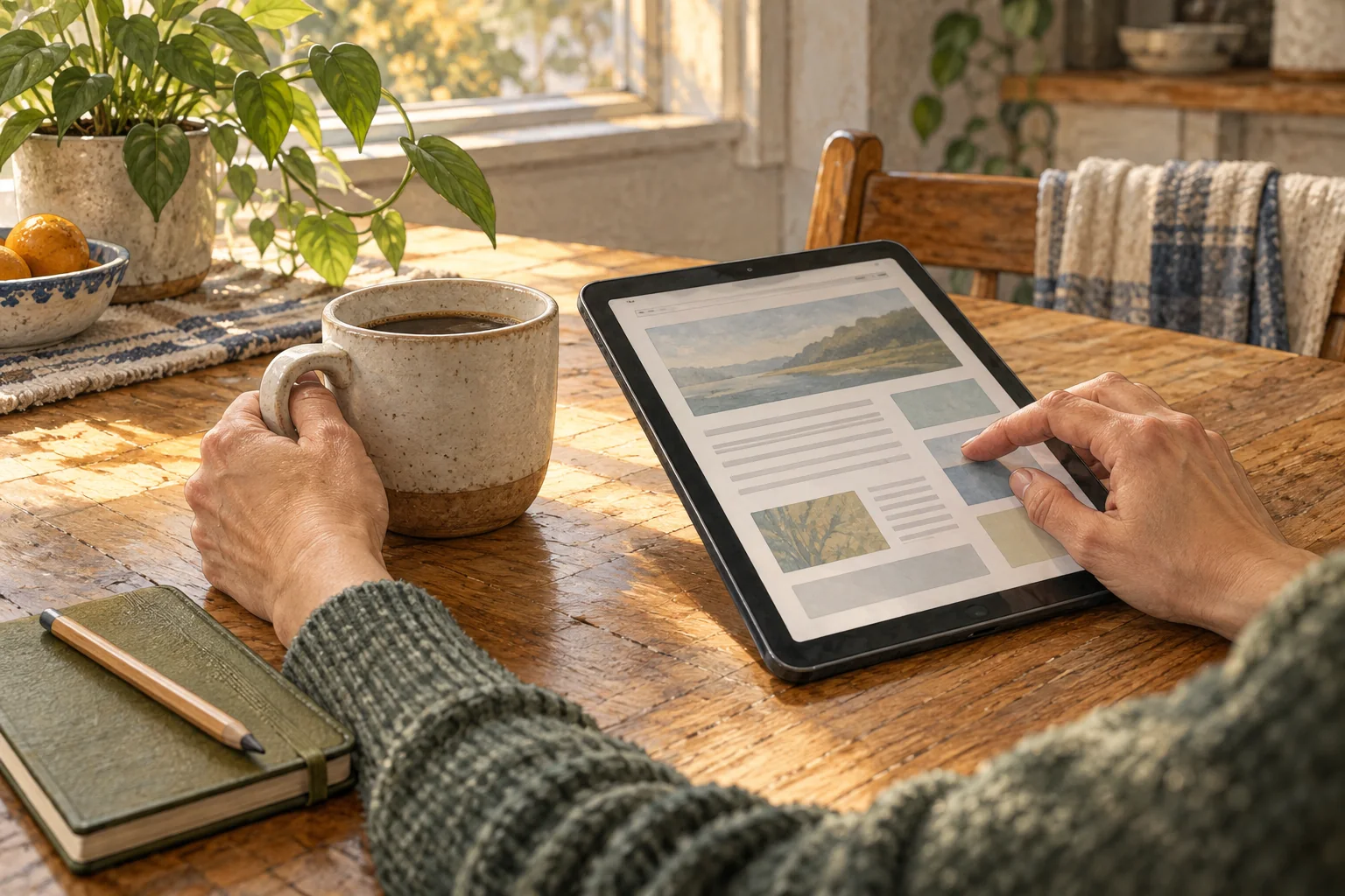 A calm morning check-in with coffee, a tablet, and a notebook at the kitchen table