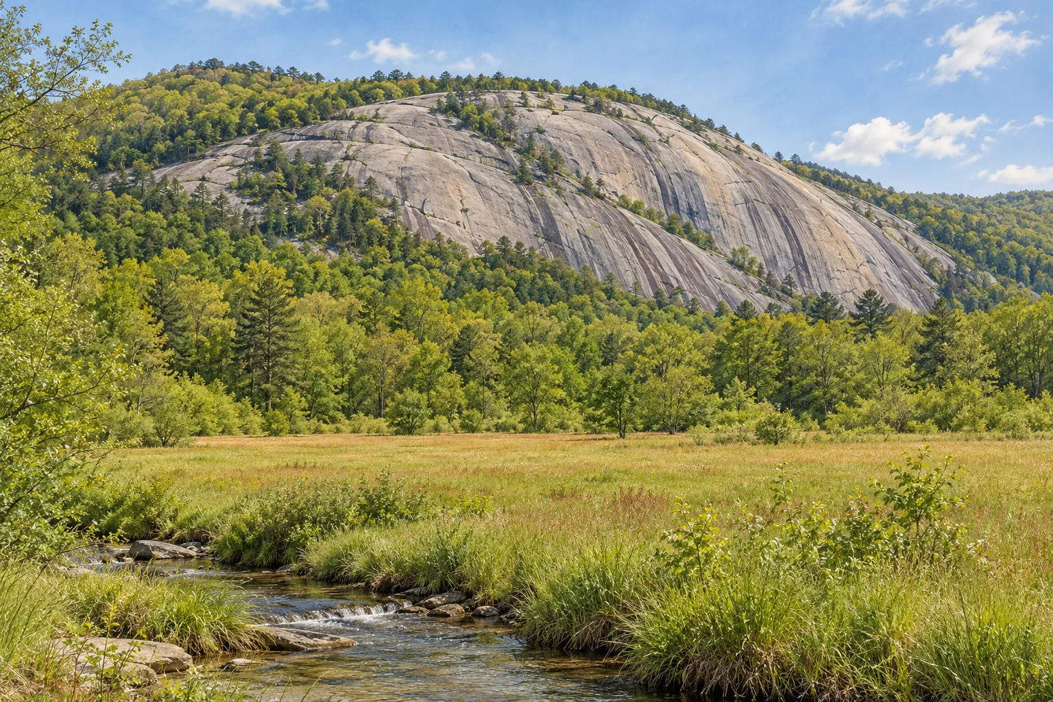 Stone Mountain's broad granite dome rises above hardwood forest, meadow, and a small stream in North Carolina's Foothills