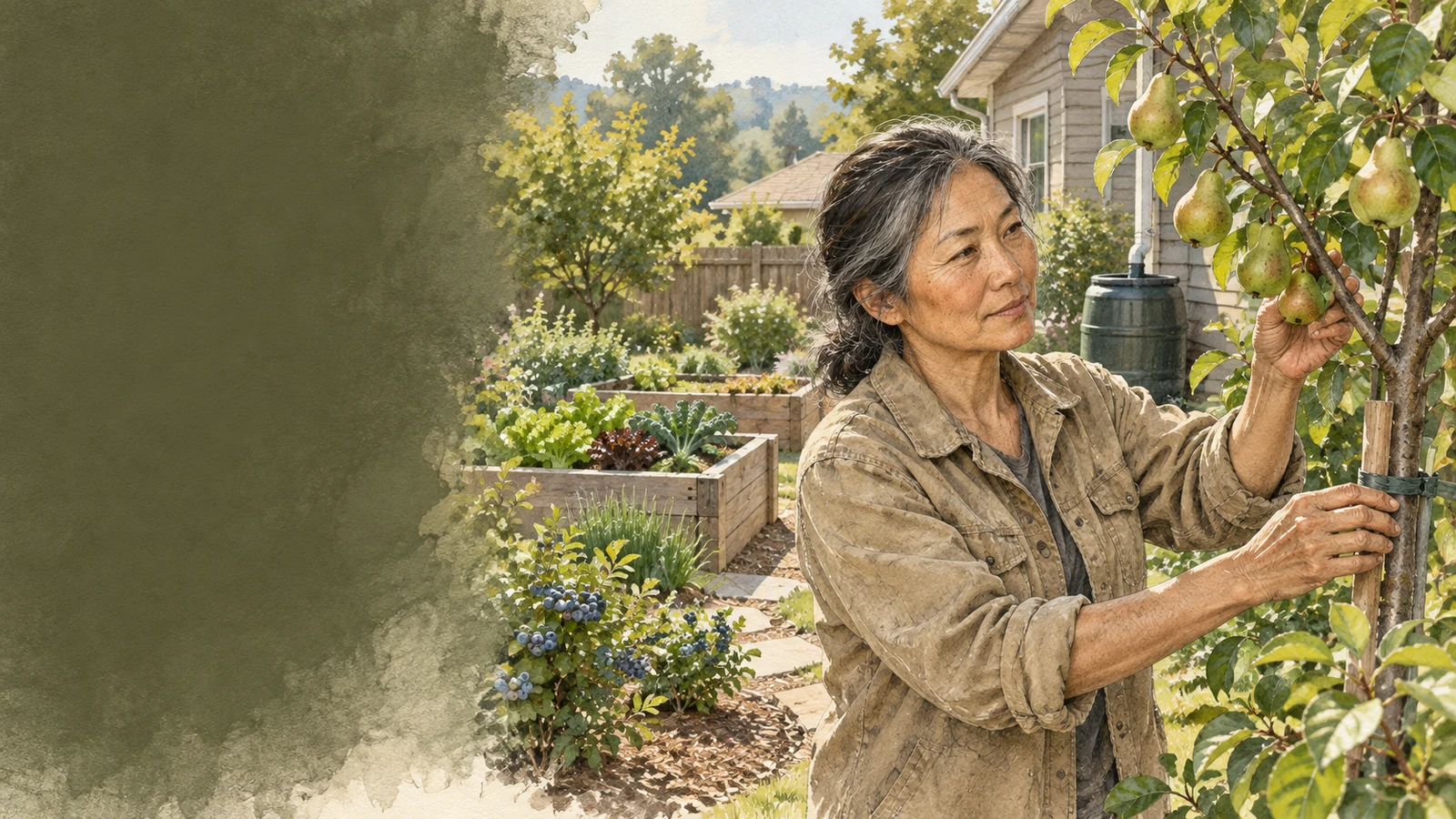 Mei Chen checks a young pear tree beside raised beds and a rain barrel in a suburban backyard