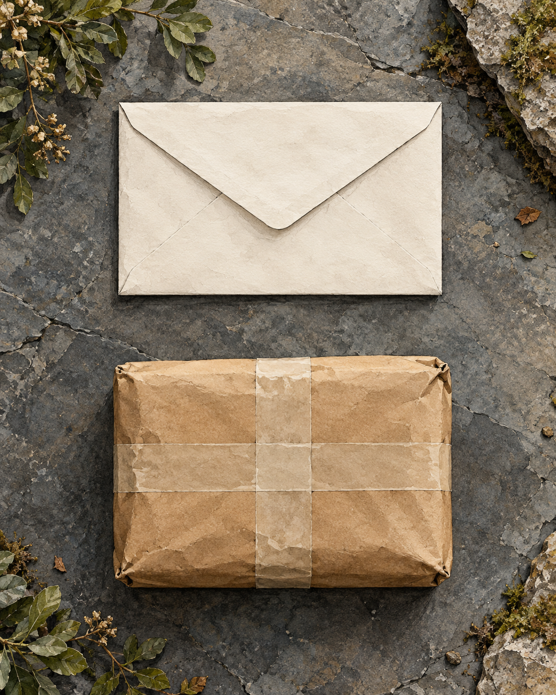 A plain envelope sits apart from an unmarked lopsided parcel on a quiet slate sorting slab.