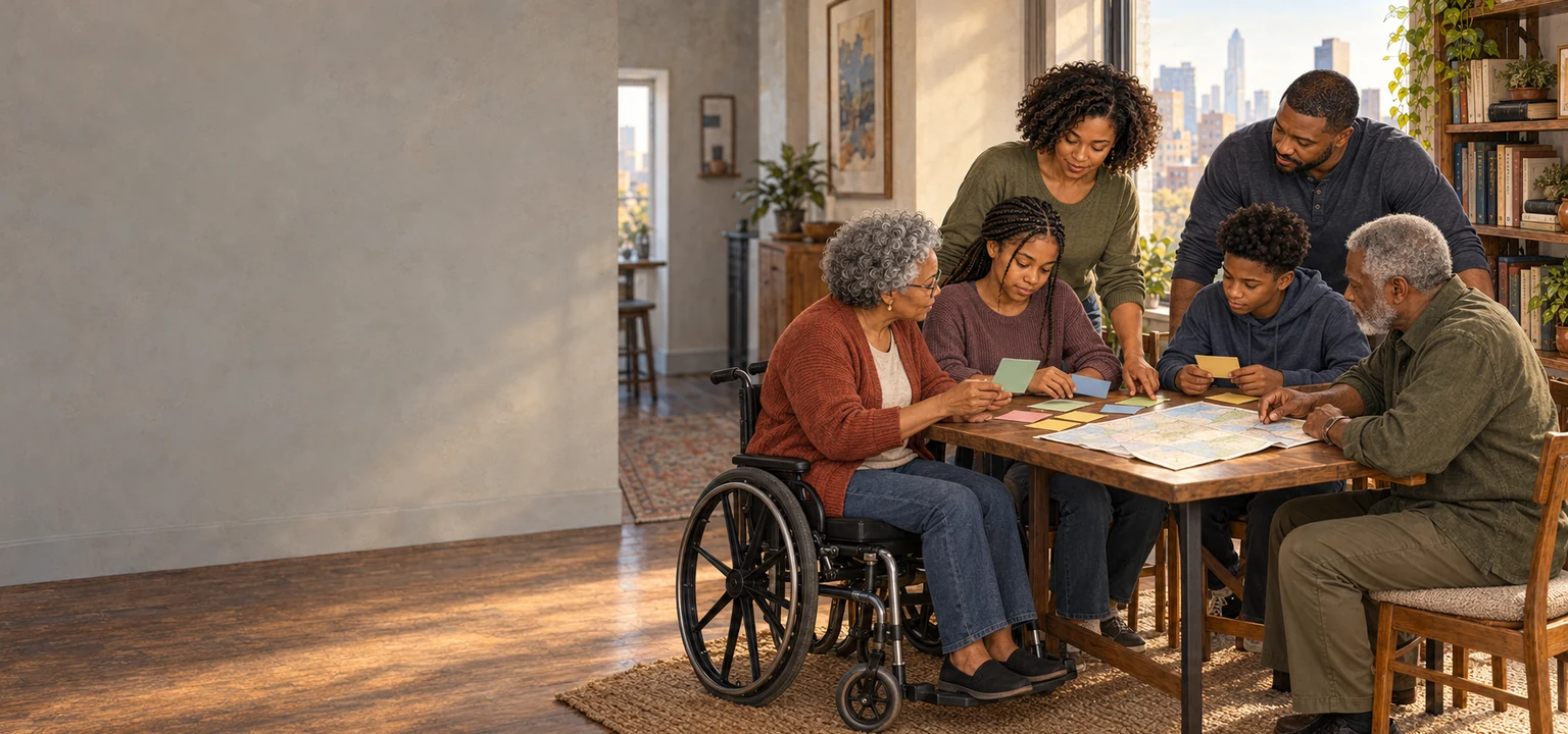 The Morgan family plans emergency roles together at their apartment table.