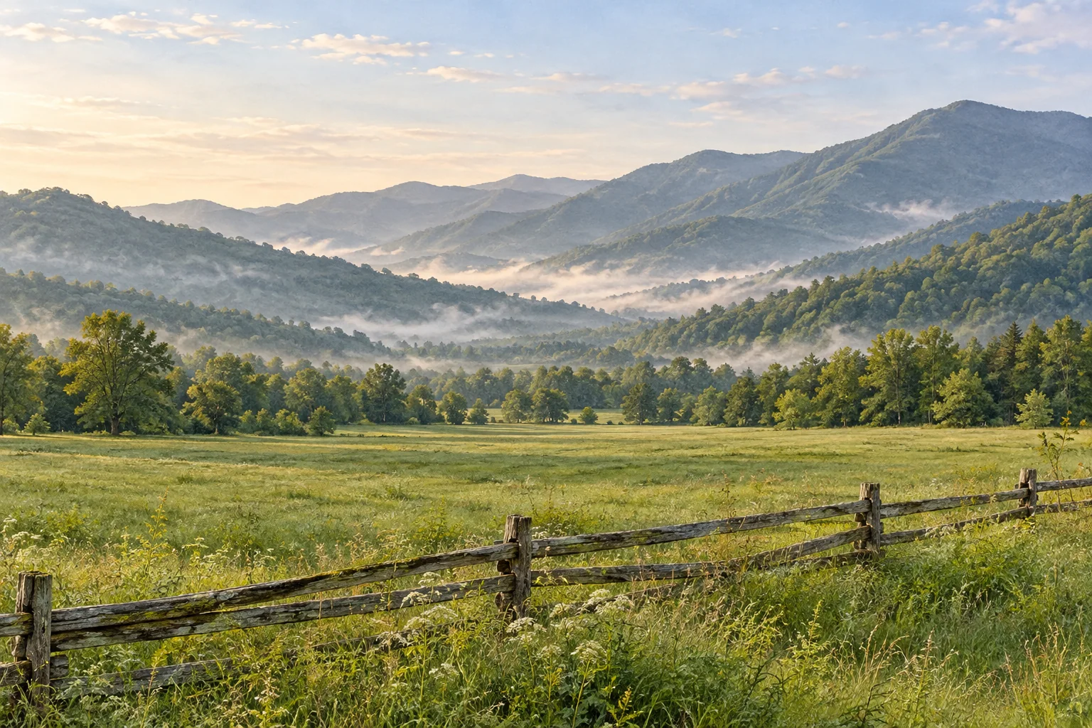 Editorial rendering of Cades Cove pasture and split-rail fence beneath layered Smoky Mountain ridges in Tennessee