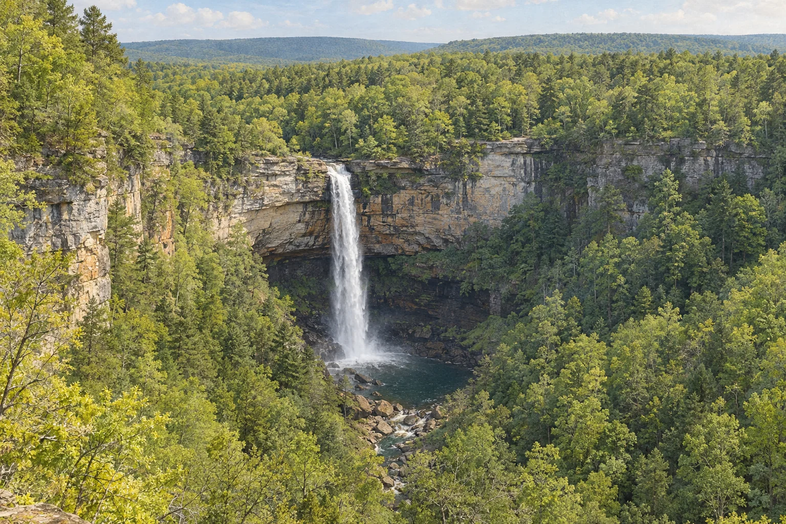 Editorial illustration of Fall Creek Falls dropping from the forested Cumberland Plateau into a sandstone gorge in Tennessee
