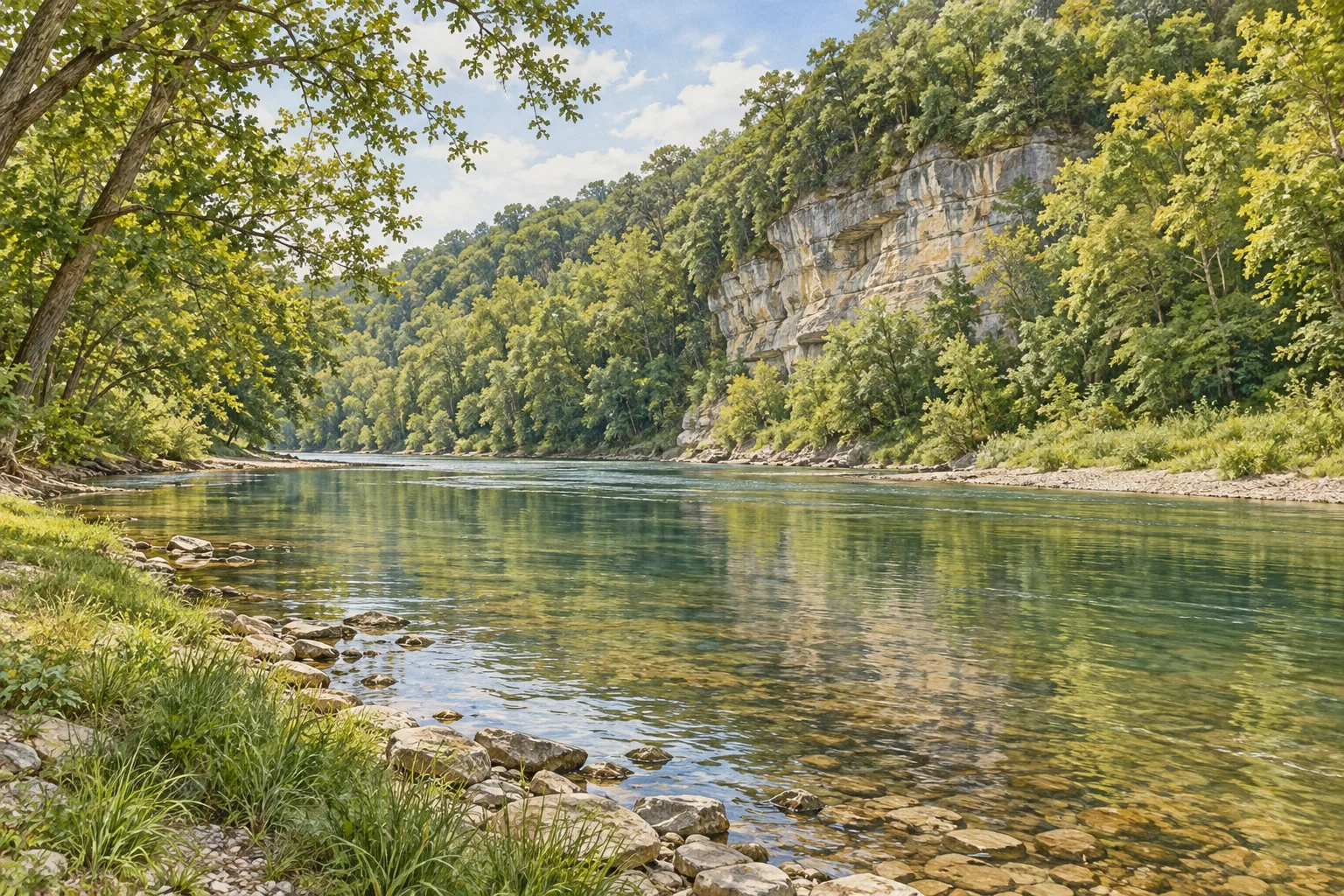 Editorial illustration of the Harpeth River curving past a limestone bluff and hardwood forest in Middle Tennessee