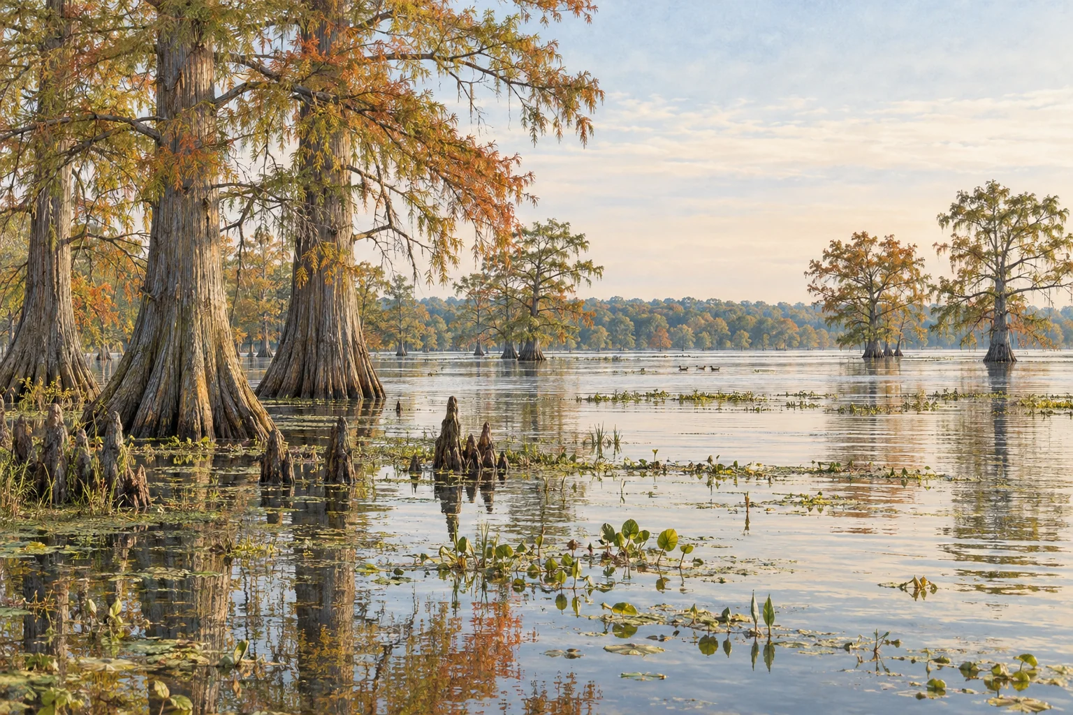 Editorial illustration of bald cypress trees and knees rising from shallow water at Reelfoot Lake in northwest Tennessee