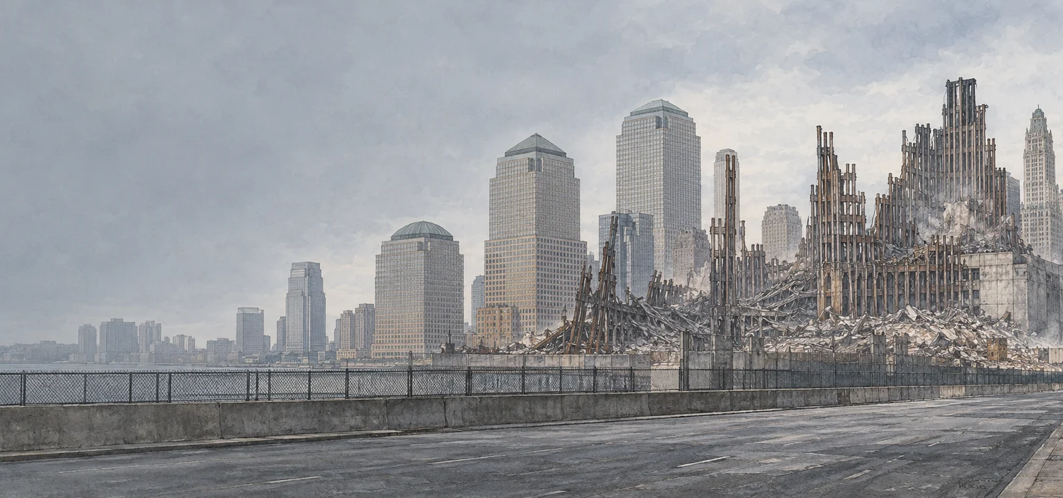 Editorial rendering of the World Trade Center site's structural aftermath in 2001