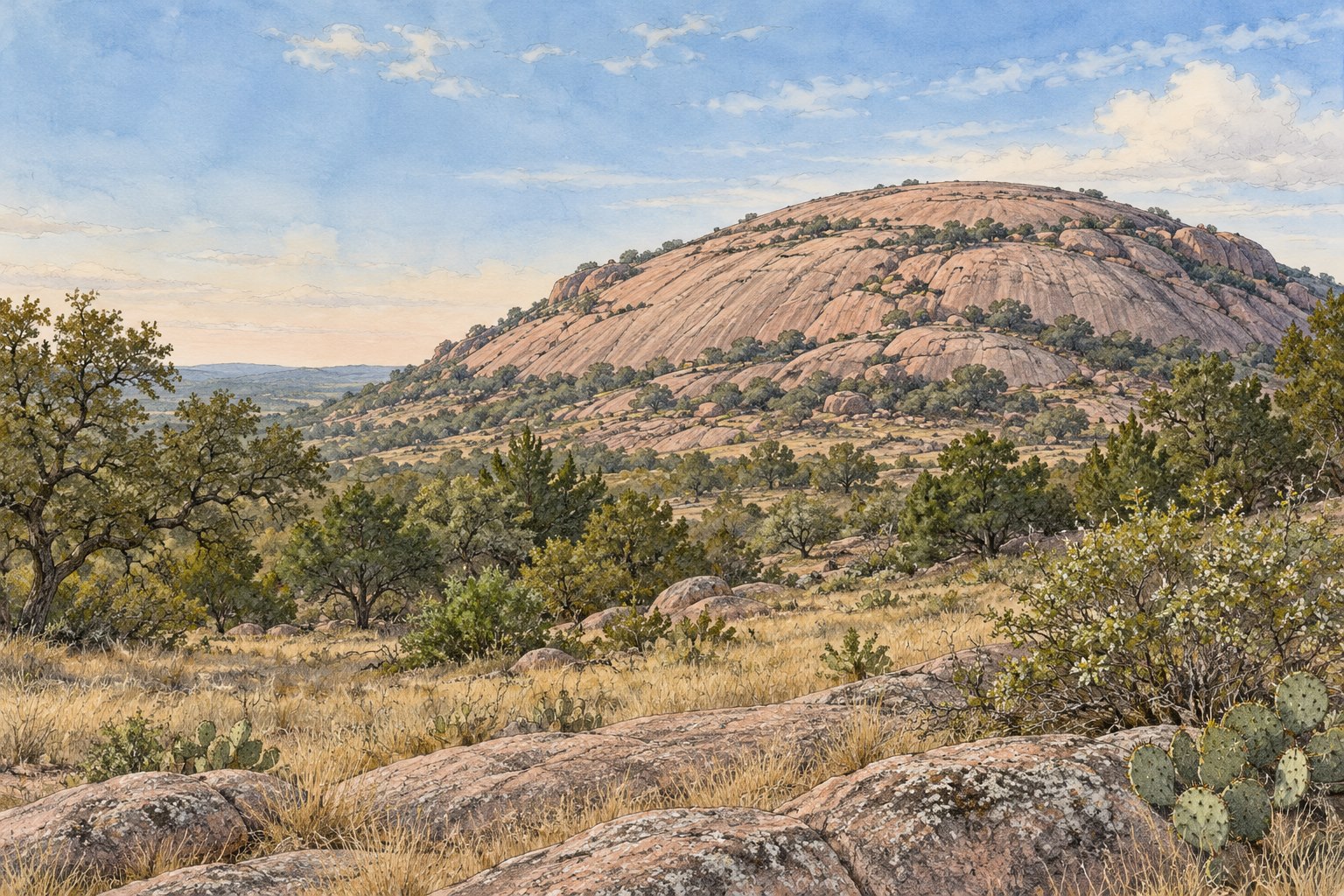 Illustrated view of Enchanted Rock State Natural Area near Fredericksburg, Texas.