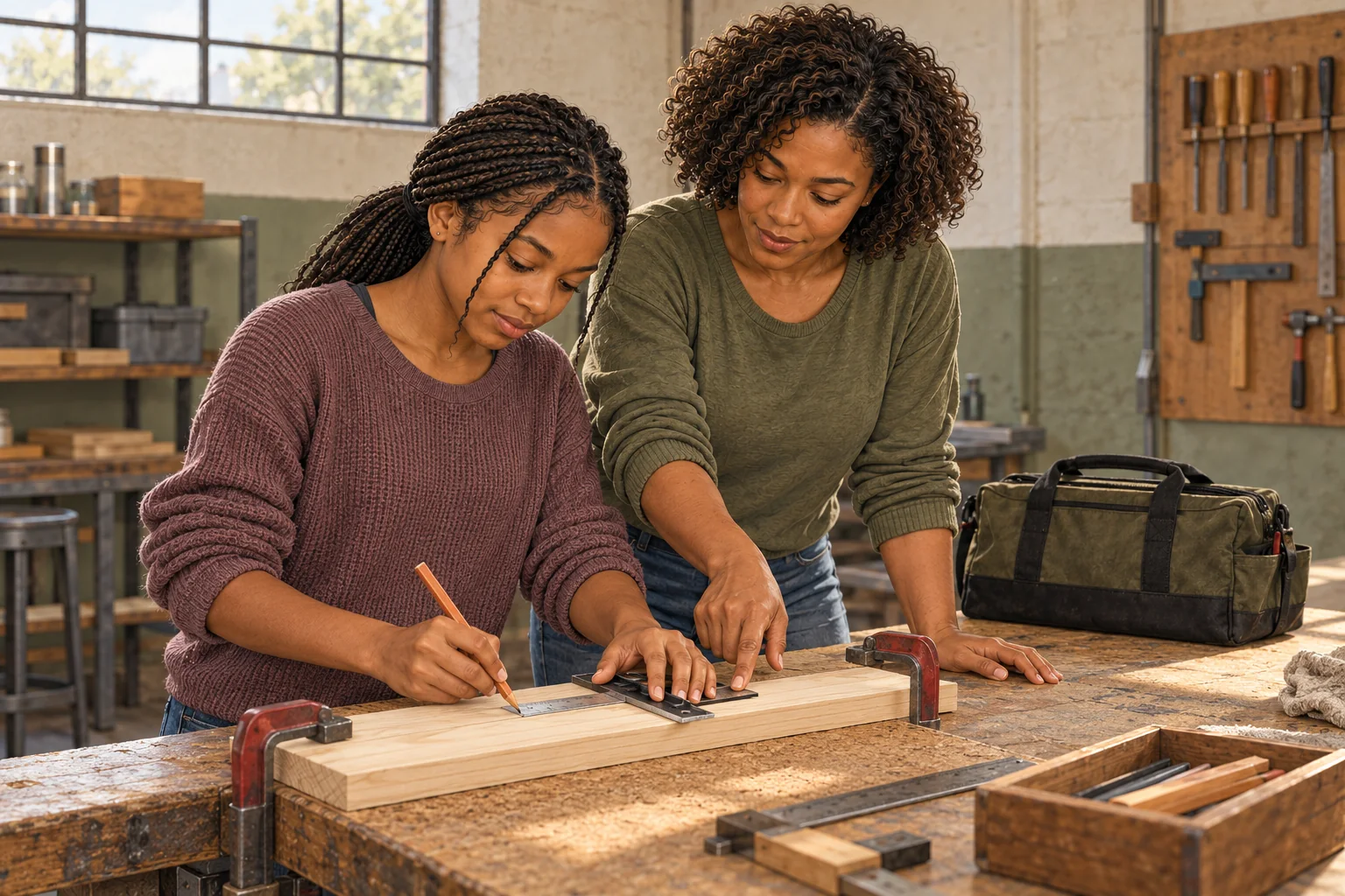 Daria Morgan marks a square layout line on a clamped board while Tessa checks the square's alignment in Andre's off-site workshop.