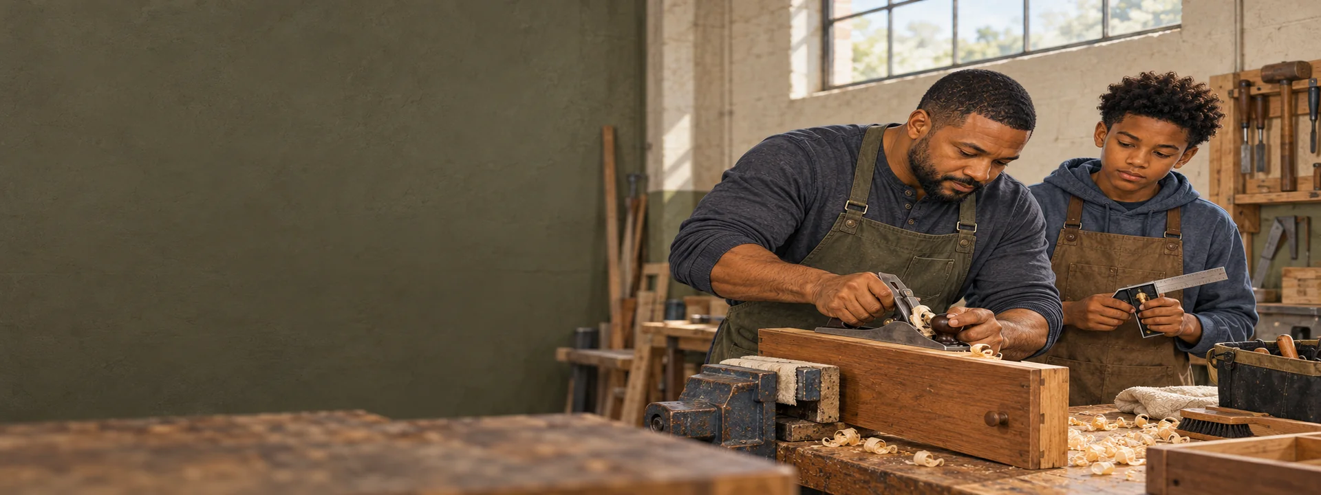 Andre Morgan planes a clamped wooden drawer while Eli watches with a combination square in Andre's off-site workshop.