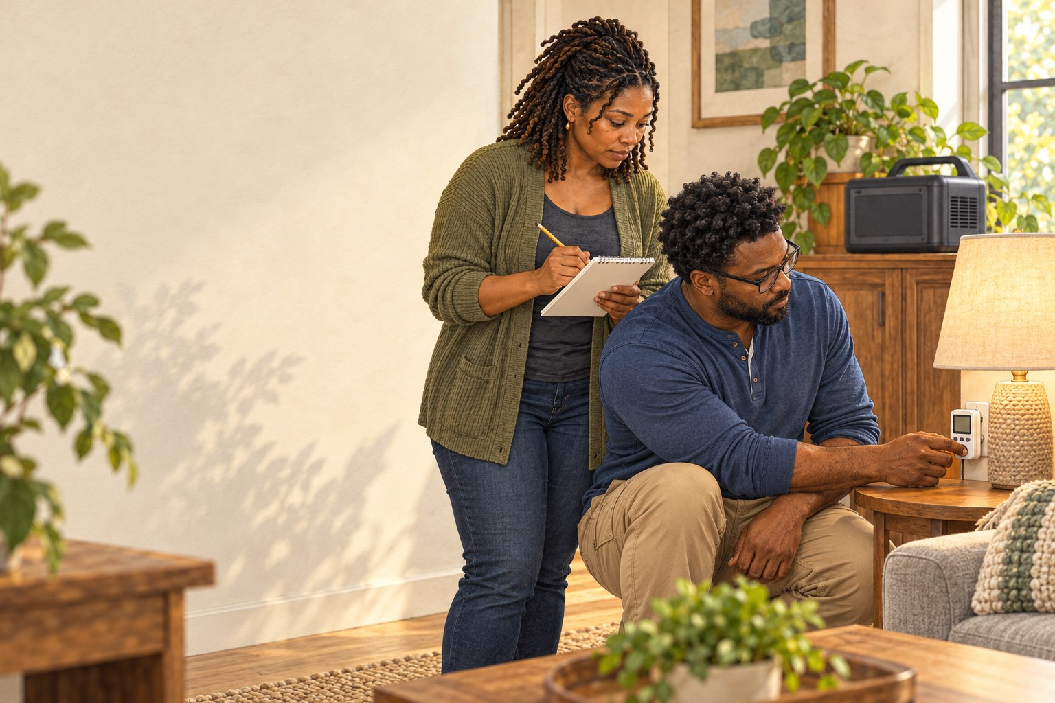 Marcus and Renee Carter check the small electric load of a table lamp before sizing backup power.