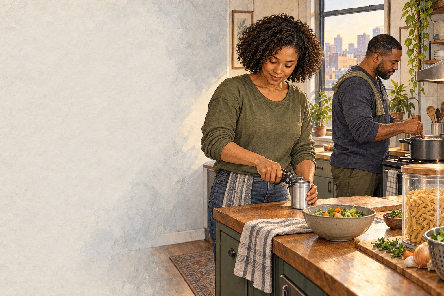 Tessa and Andre Morgan make an ordinary dinner from pantry food in their apartment kitchen.
