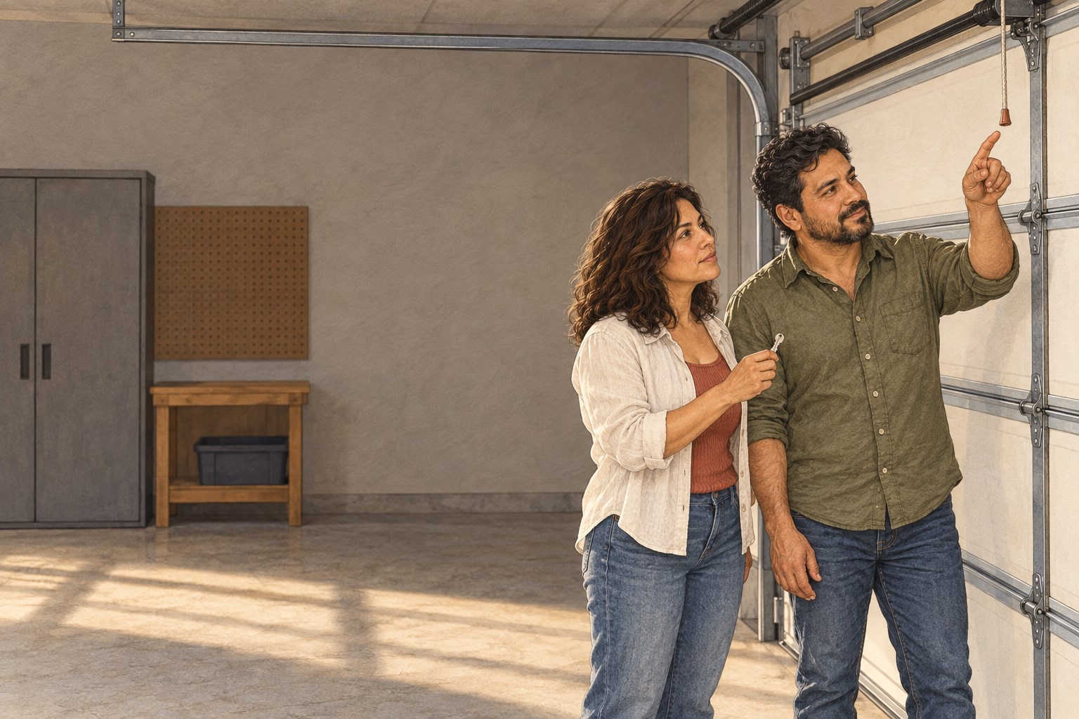 Marisol and Diego Serrano identify their garage door’s manual release before an outage.