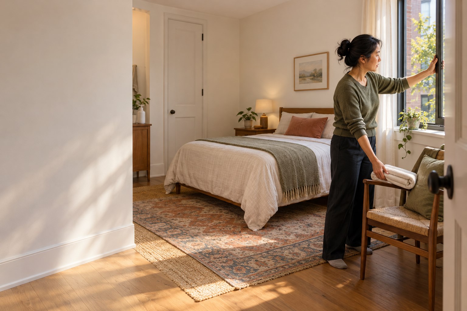 An adult prepares a spare room’s ventilation and linens before illness affects the household.