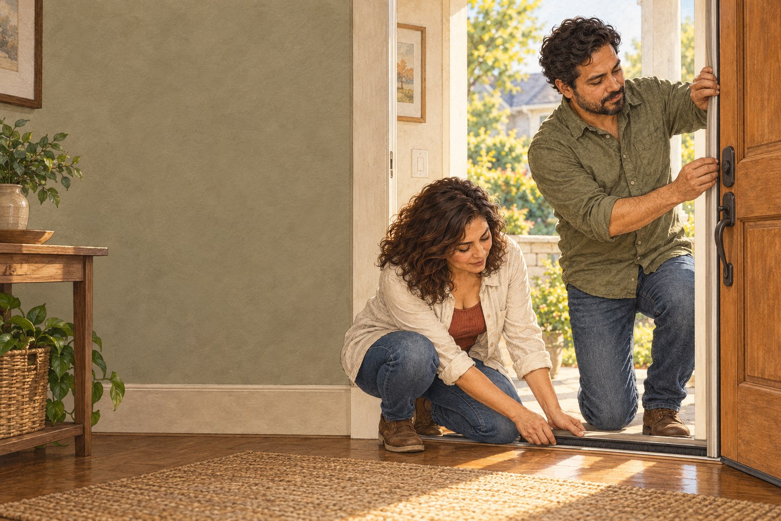 Marisol and Diego Serrano weatherstrip their front door during ordinary home upkeep.