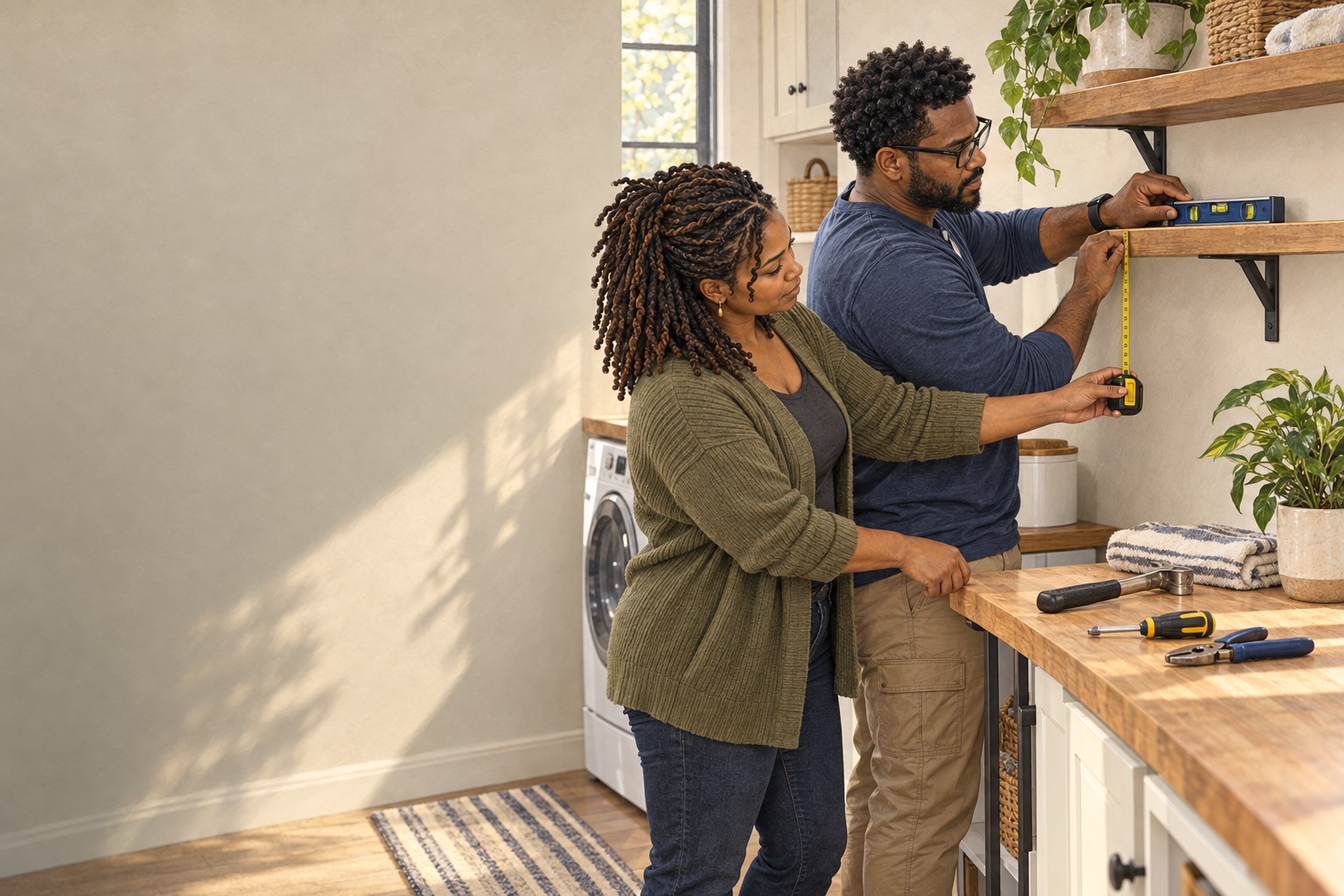 Marcus and Renee Carter check a small household shelf with a level and tape measure.