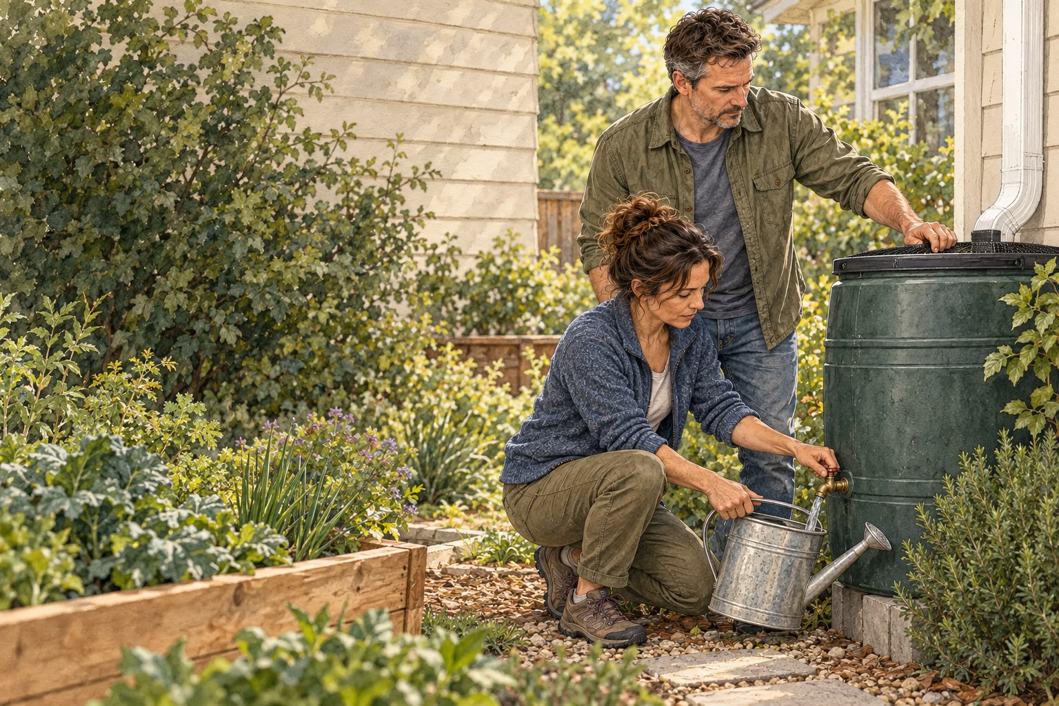 Claire and Owen Bennett use rainwater for their small practical garden.