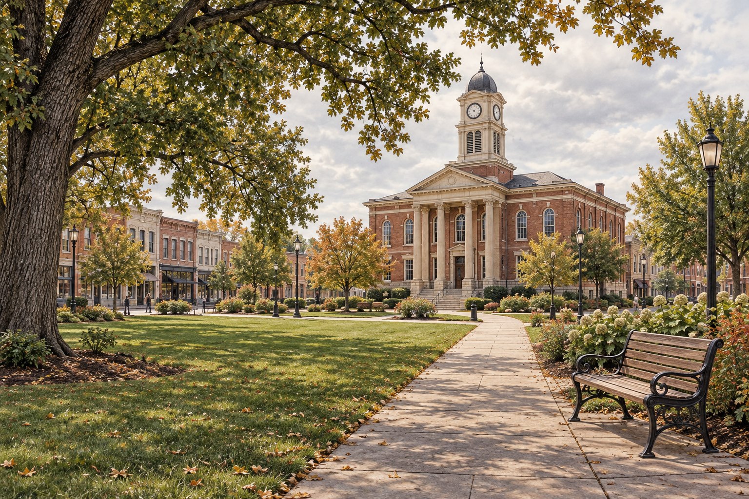 A small-town civic center with a courthouse, main street, trees, and a park bench.