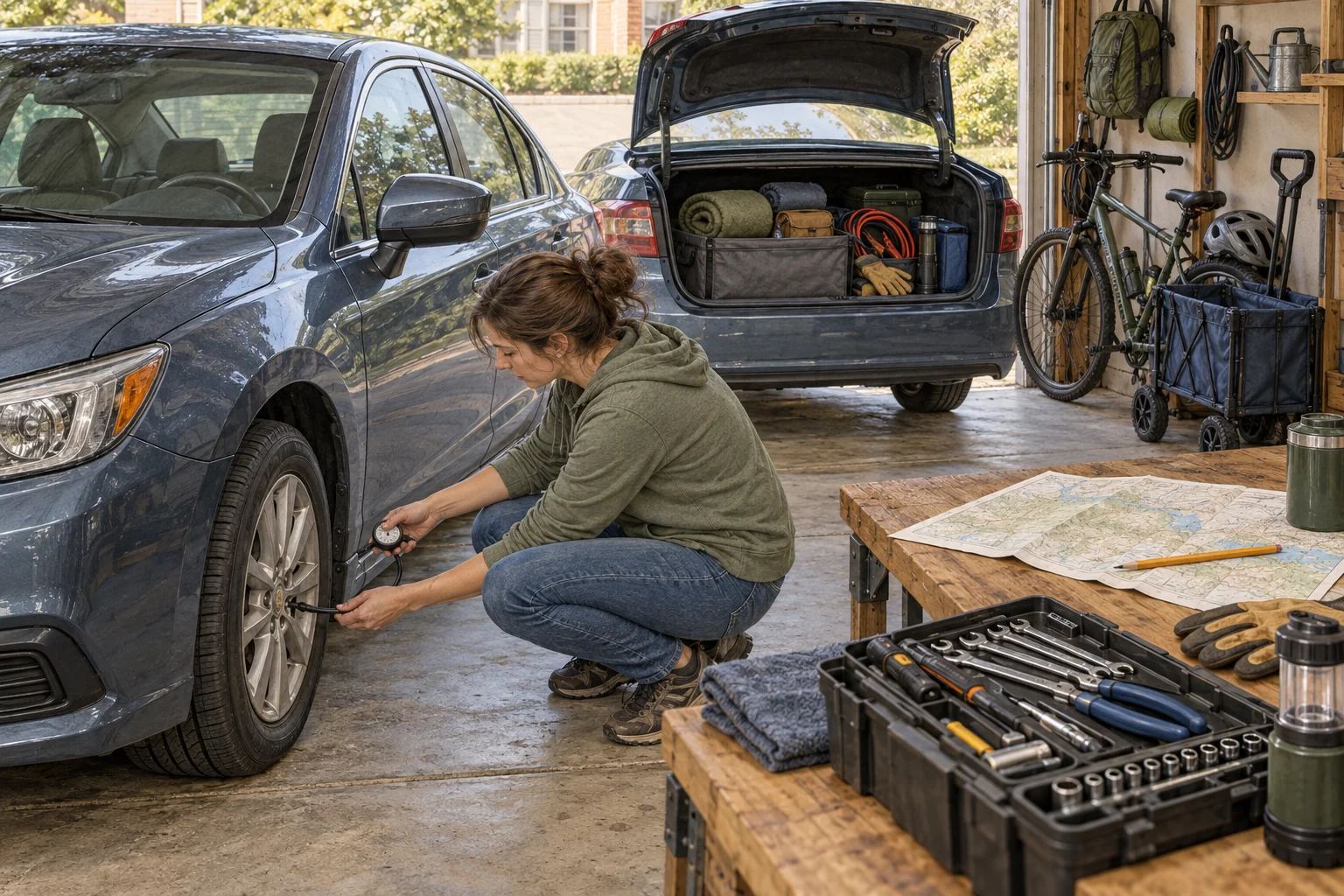 A person checks tire pressure in an organized garage with a vehicle kit, paper map, tools, bicycle, and folding wagon ready nearby.