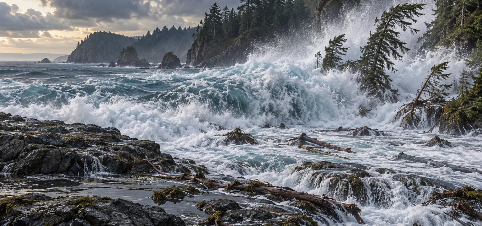 A powerful ocean surge moves through an empty rocky Pacific Northwest cove, bending coastal conifers and carrying natural driftwood.