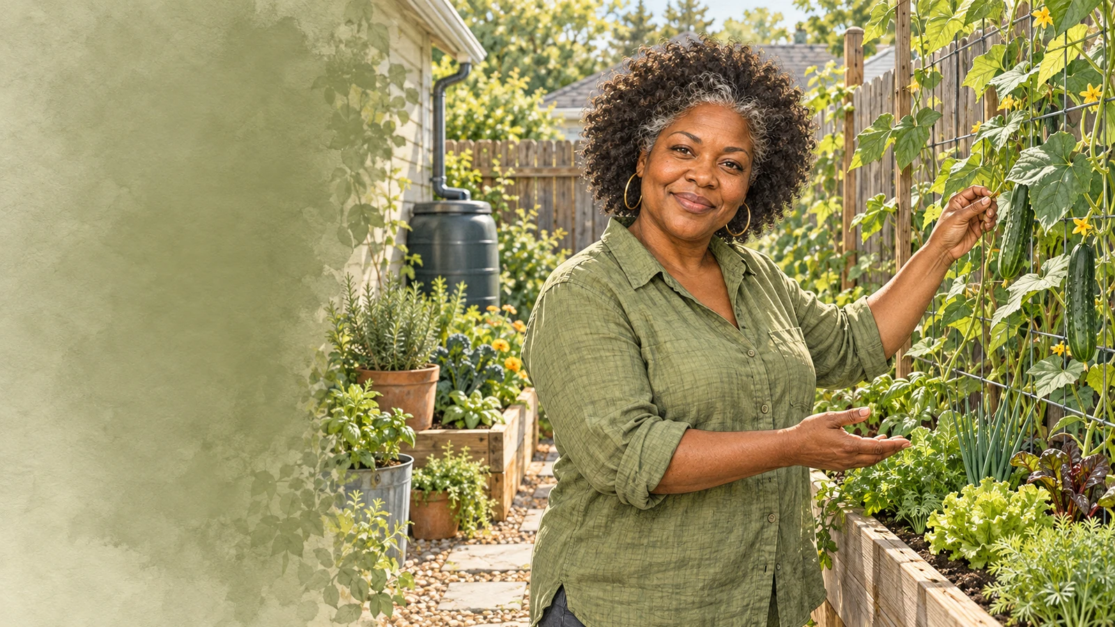 Imani Maddox checks an intensive raised-bed and vertical garden in a compact city backyard