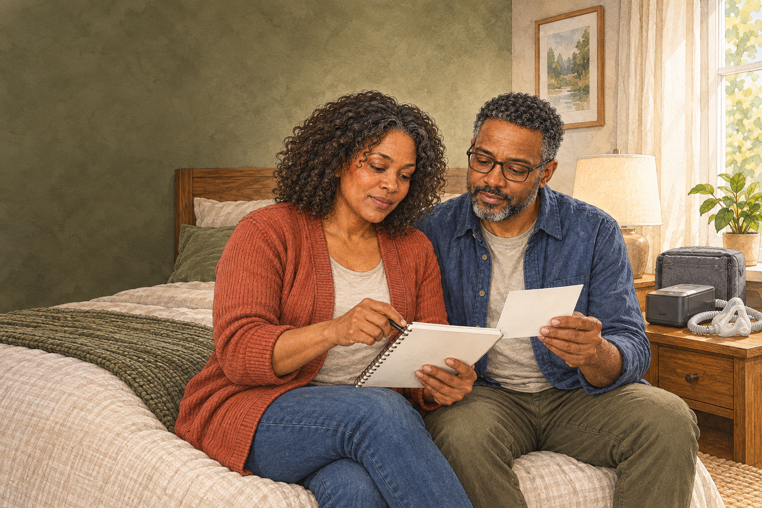 Keisha and Martin Hale review a blank utility-medical registration plan beside an unplugged generic CPAP device in their bedroom.