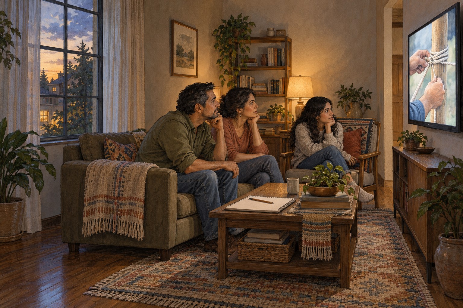 A family watches a practical how-to video together in their living room.