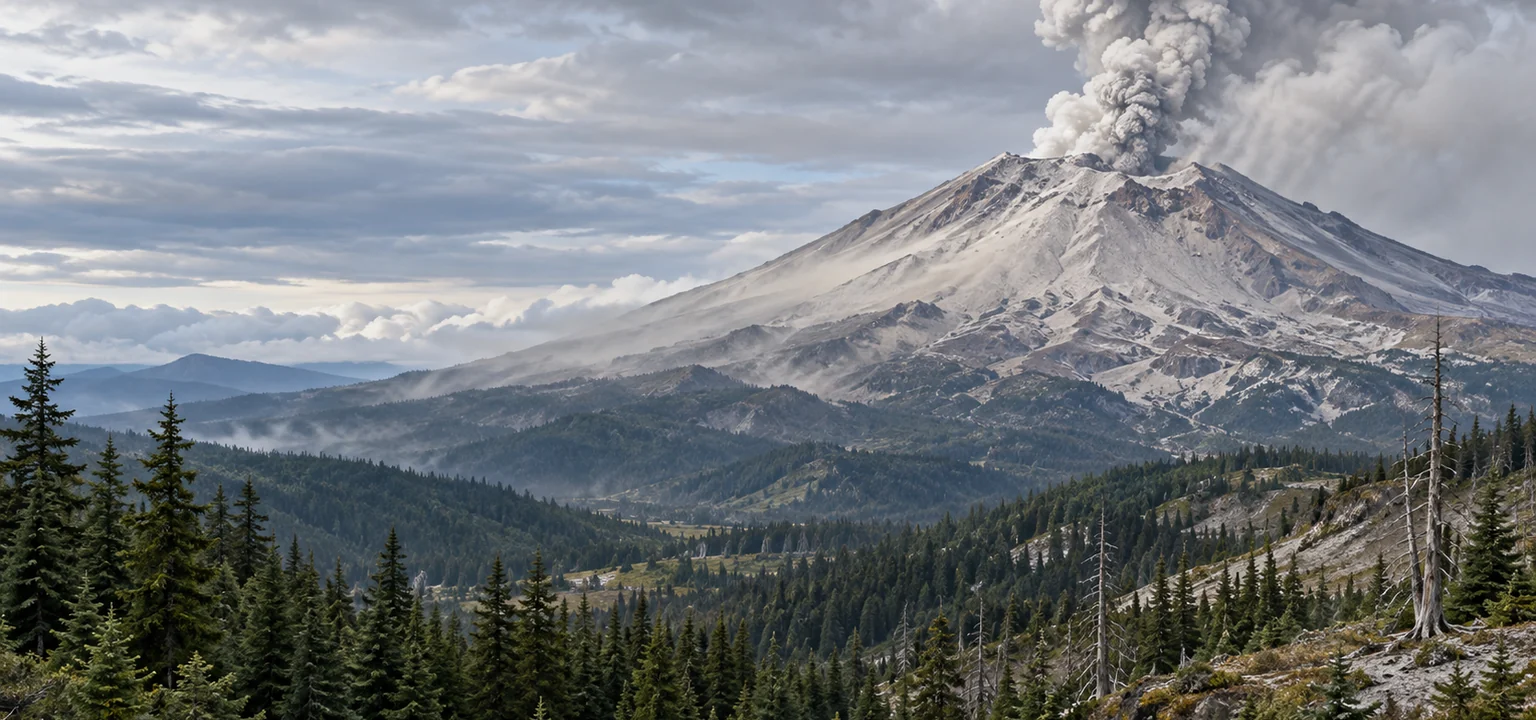 A restrained volcanic ash-and-steam plume rises above an ash-dusted volcanic slope and evergreen forest.