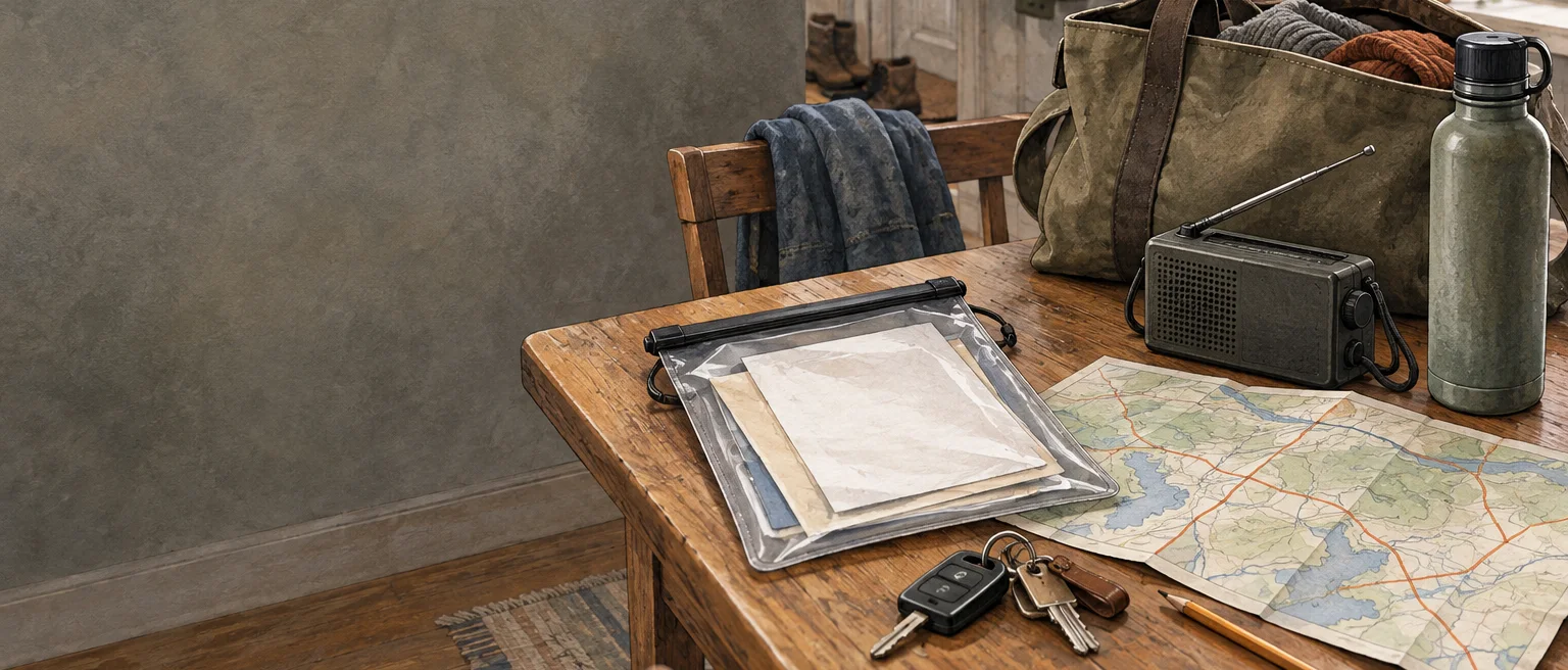 A calm household decision table with documents, a route map, keys, a radio, water, and a ready bag.