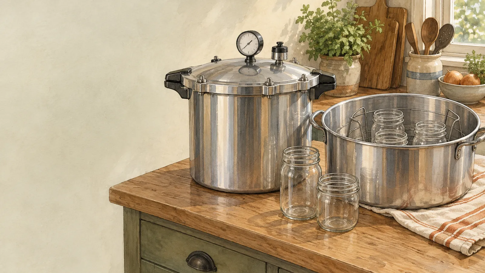 A pressure canner and a water bath canner with jars on its rack, side by side on a kitchen counter