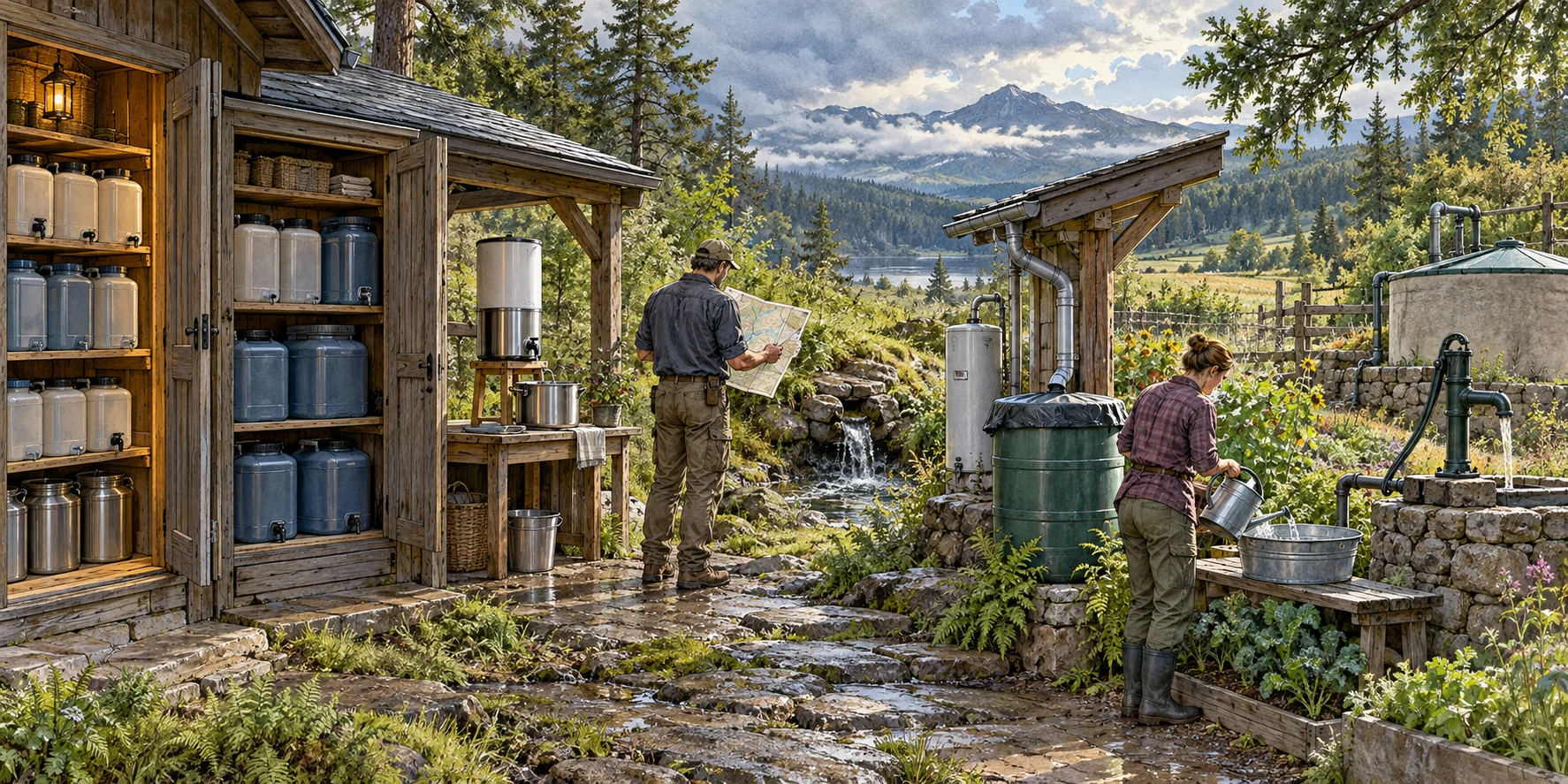 A household water capability system progressing from protected storage and treatment to source planning, rain collection, conservation, and a well