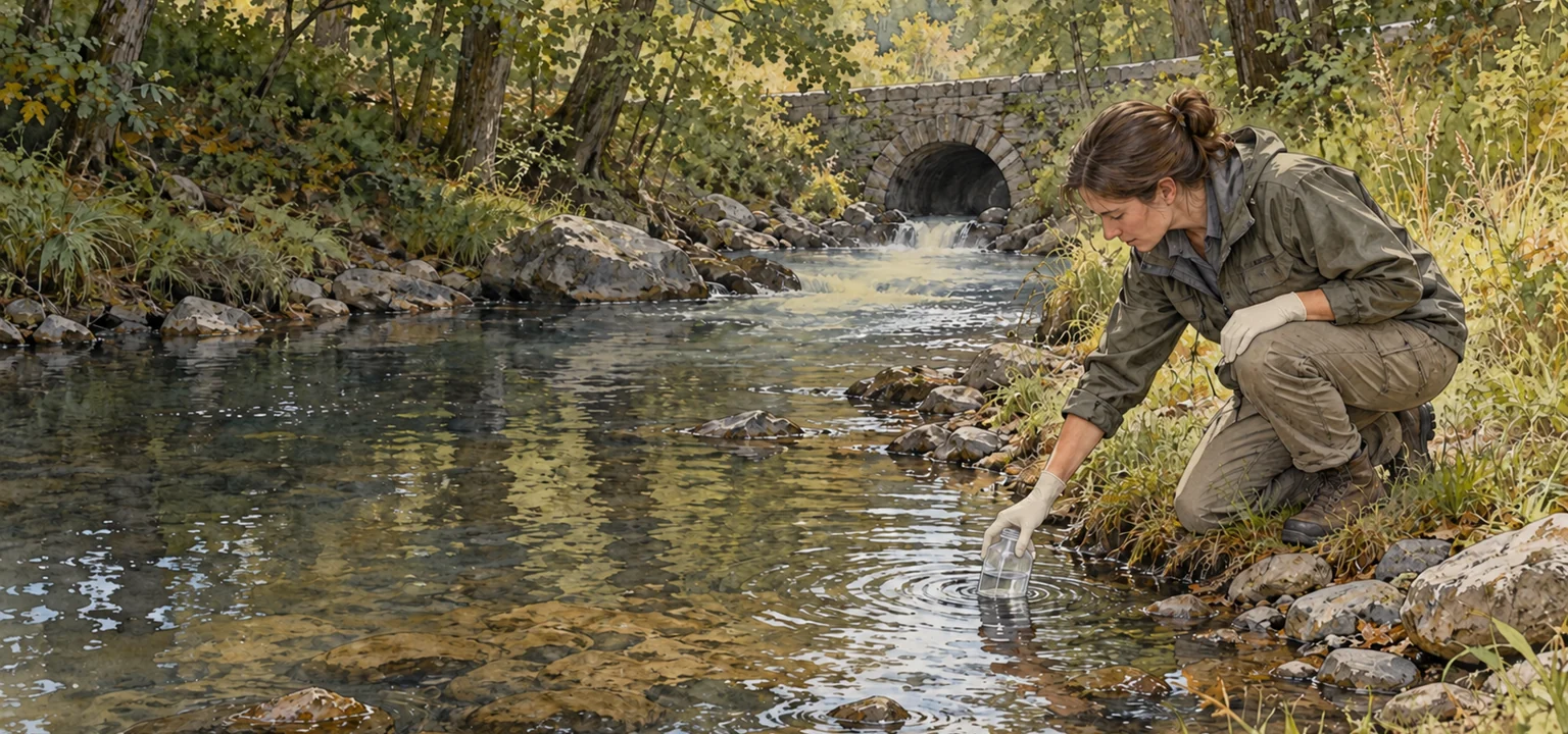 An adult in gloves collecting a water sample from a small creek below a stone culvert