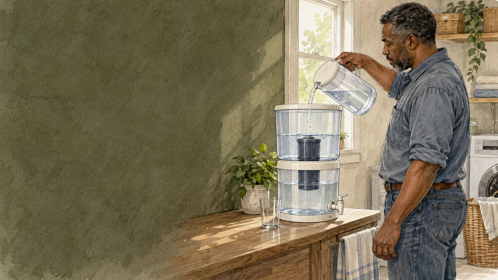 A man fills an unbranded two-chamber gravity water filter with clear stored water in a bright utility room