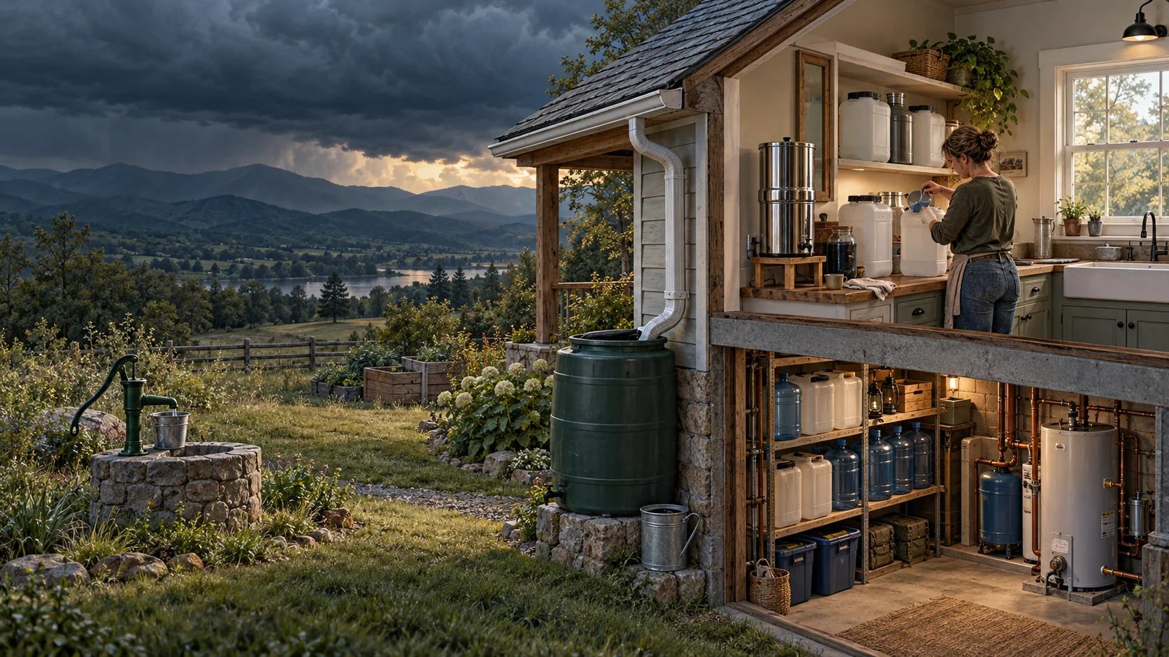 A household water preparedness system with stored water, filtration, rain collection, and a well beneath a calm approaching storm