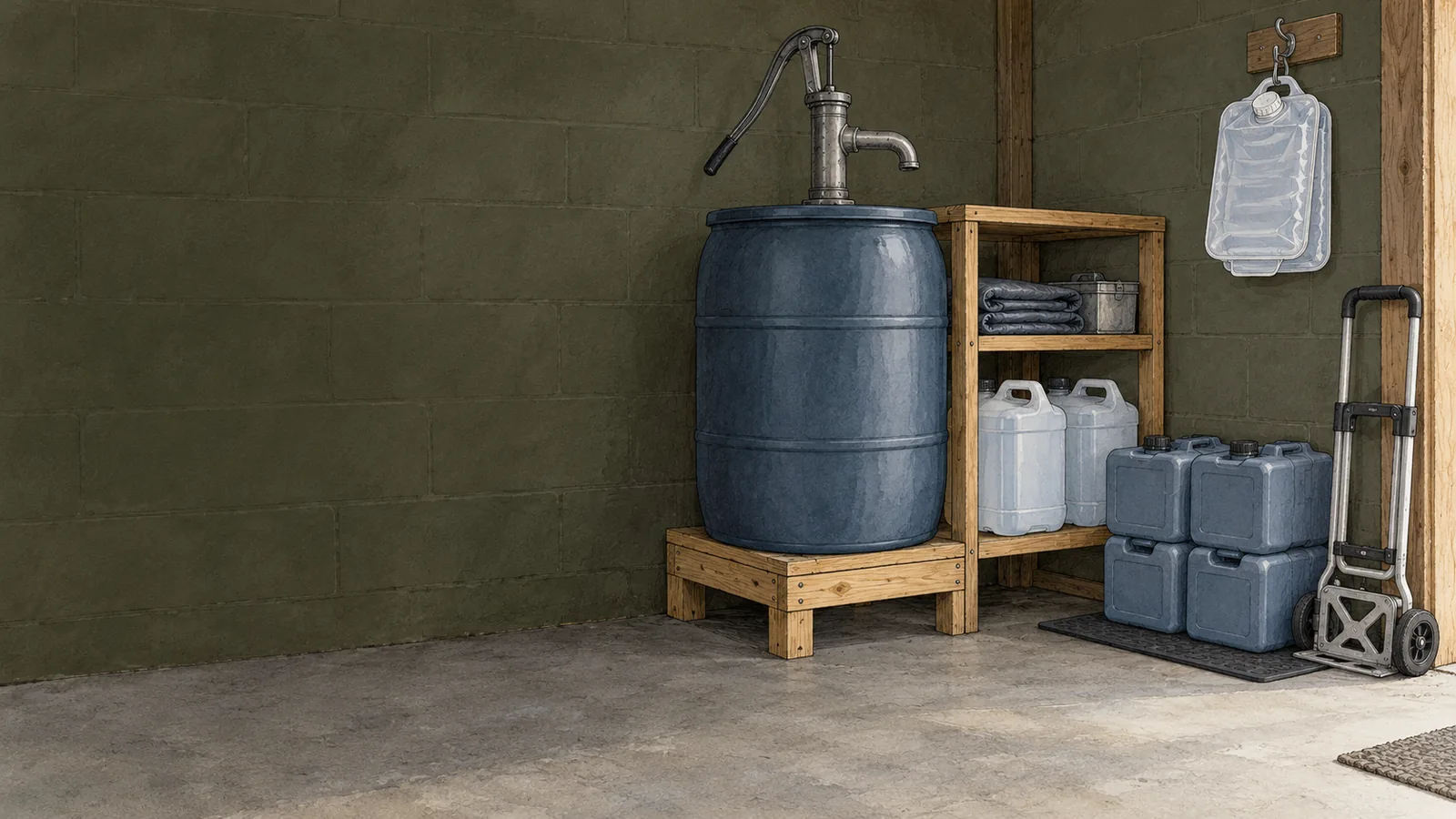 A fixed 55-gallon water drum, portable jugs, stackable water bricks, collapsible container, and hand truck stored in a cool garage alcove