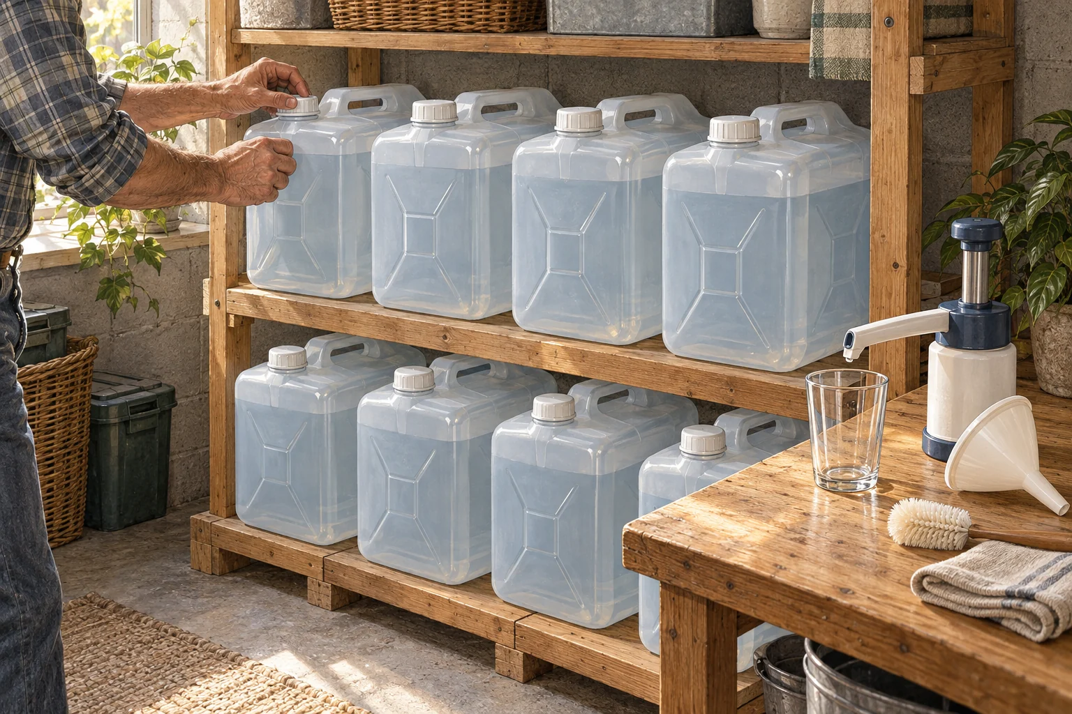 Eight seven-gallon water containers arranged as a 56-gallon two-week emergency supply for four people