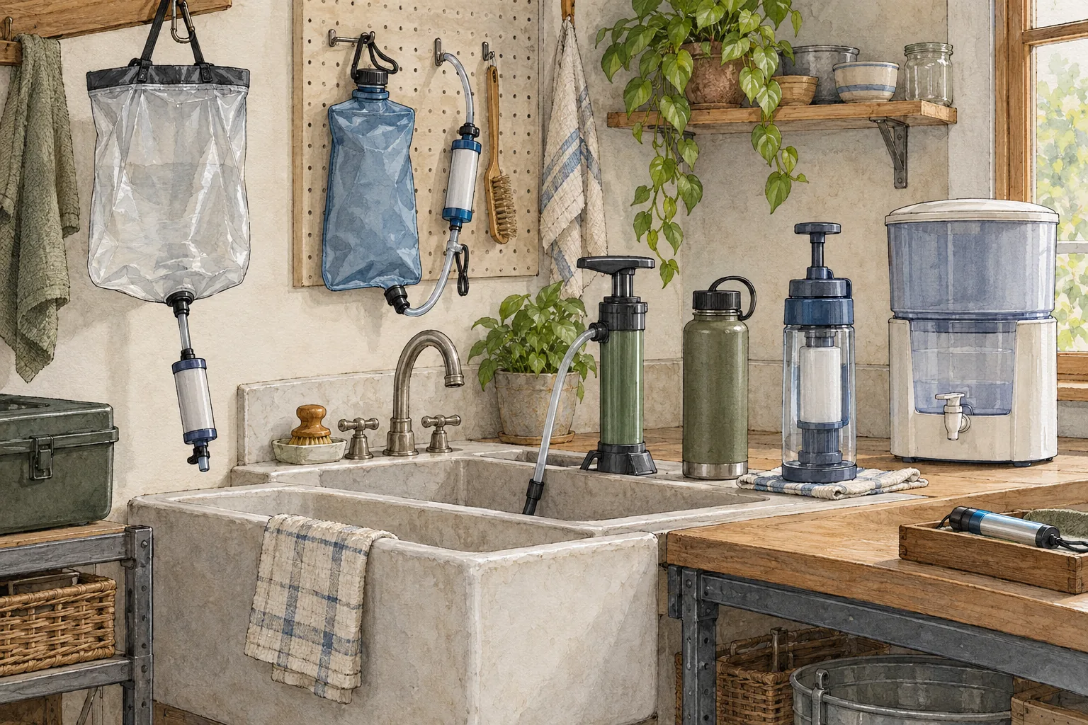 Unbranded gravity, squeeze, pump, bottle, countertop, and UV water-treatment devices stored around a household utility sink