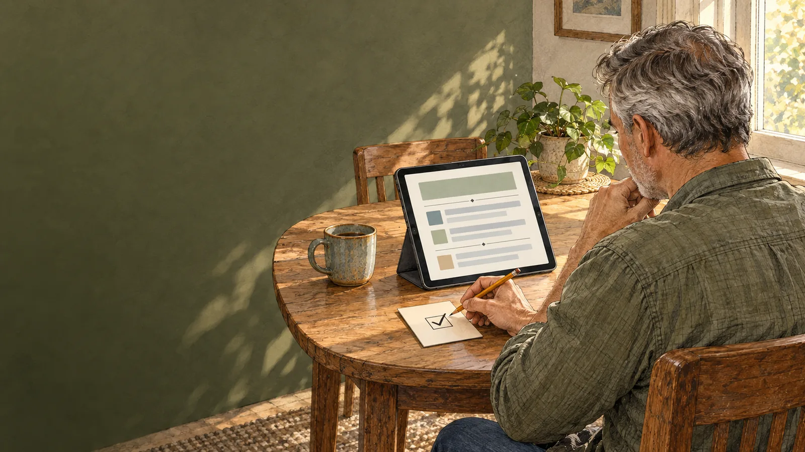 An older adult reviews a weekly summary on a tablet and marks one practical action card