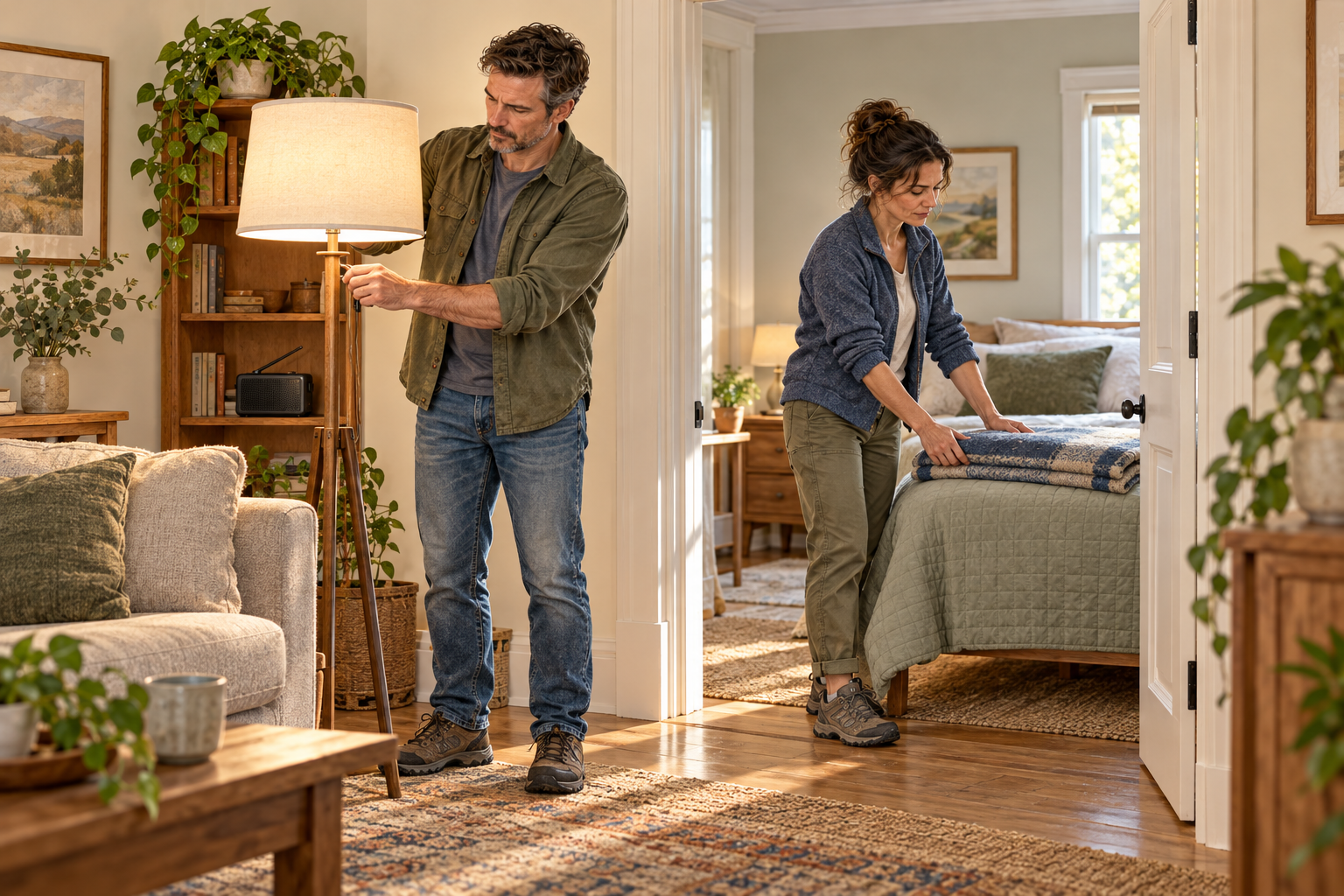 Two household members make a home ready for shelter as one checks a lamp and the other prepares a spare room.