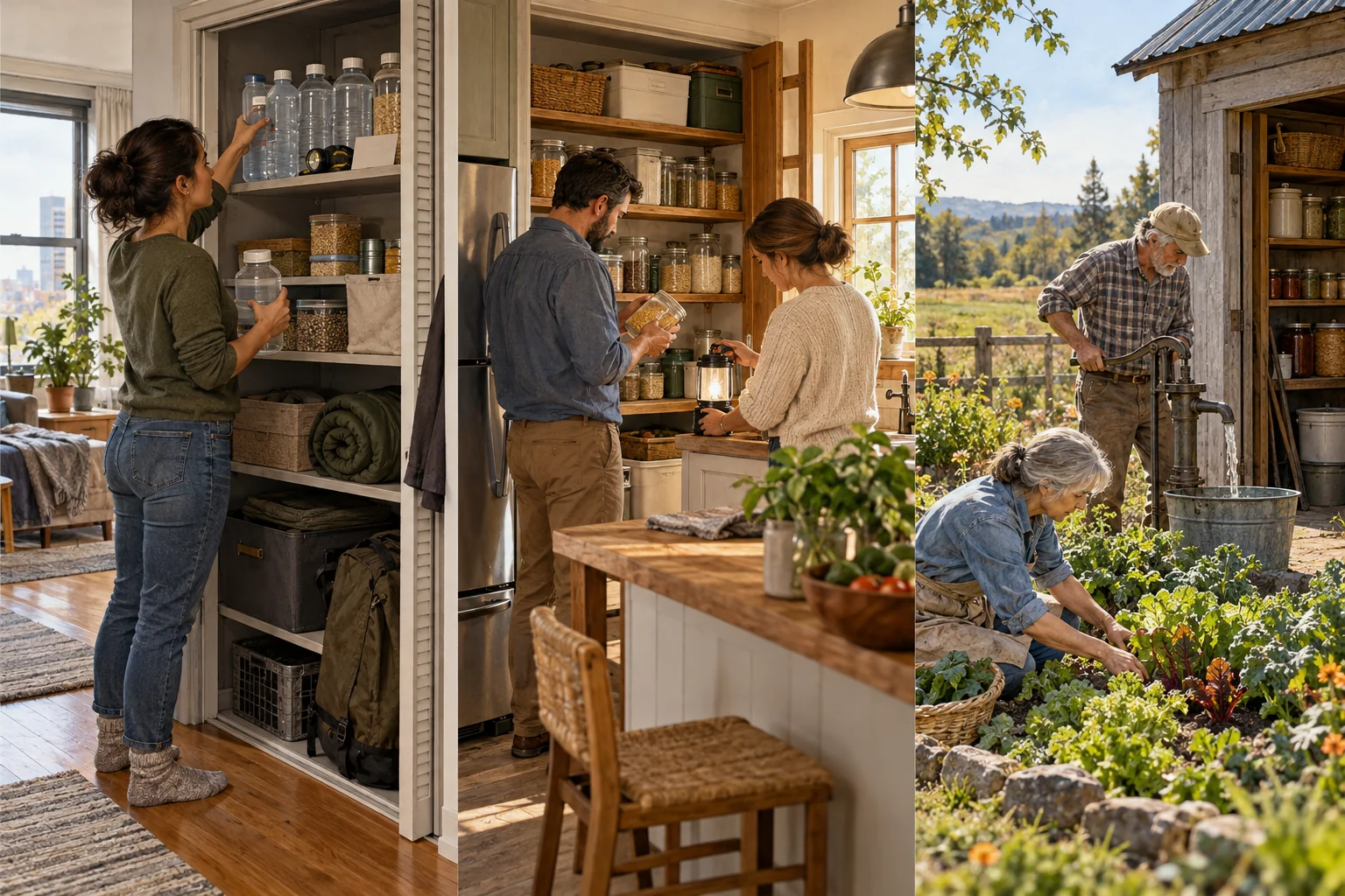 Three households practice preparedness at different depths: an apartment closet shelf, a family pantry, and a rural garden with a hand pump.