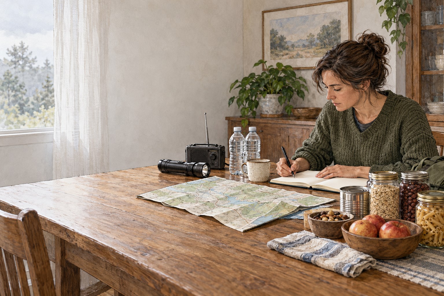 An adult calmly makes a household readiness plan at a dining table with water, a radio, flashlight, and pantry food.