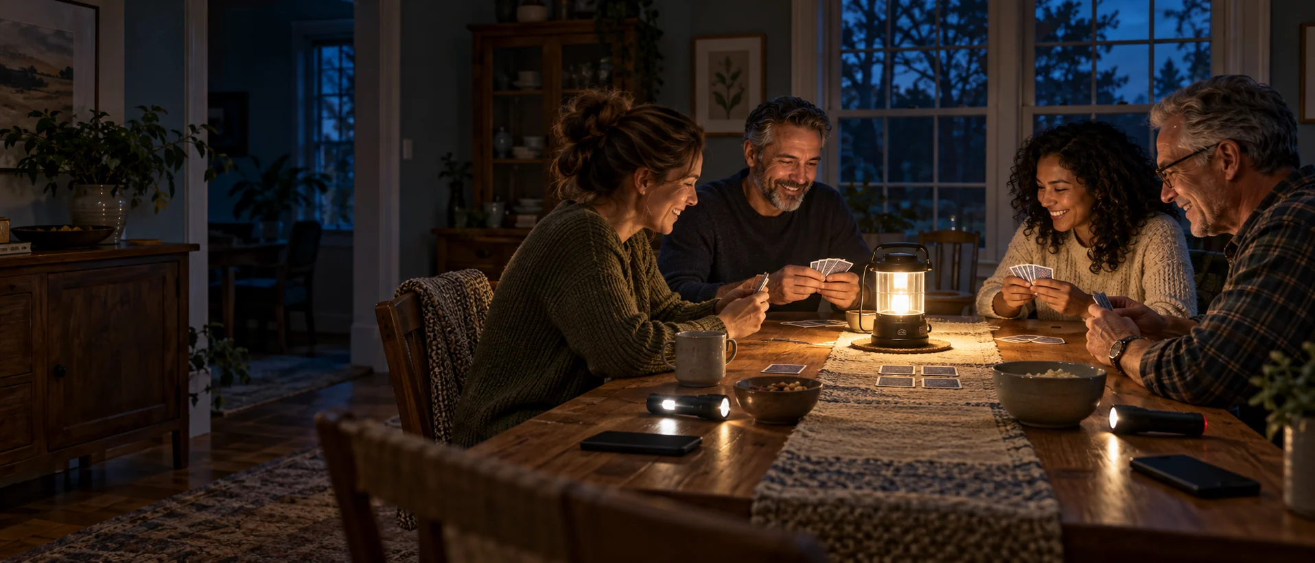 Four adults play cards together by battery lantern during a calm evening power outage.