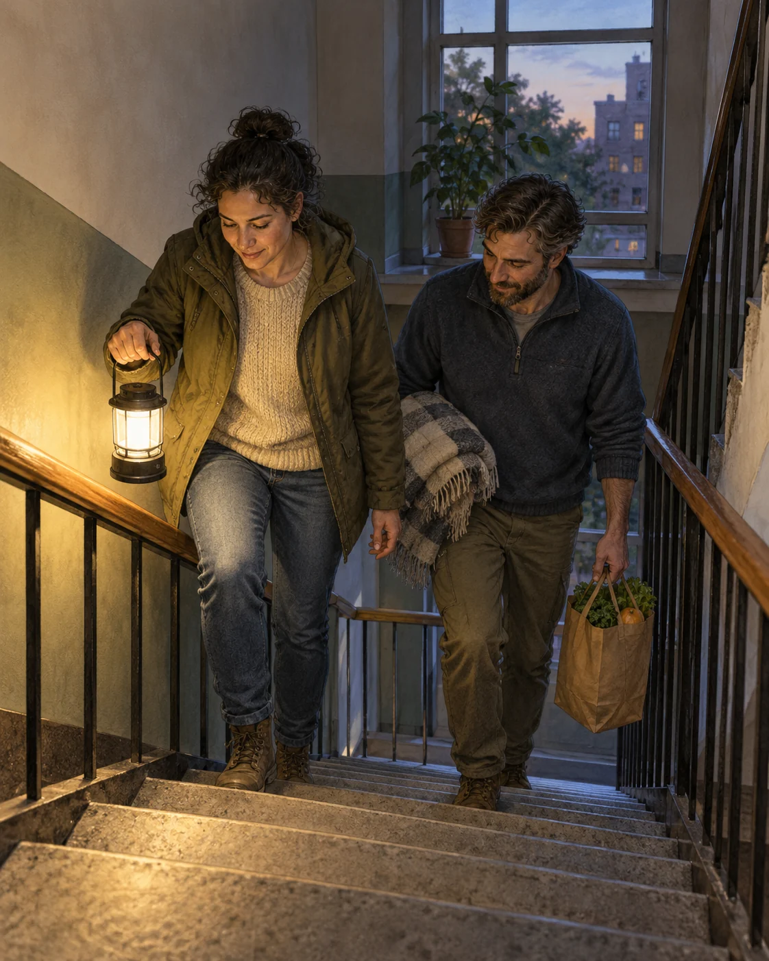 Two neighbors carry a battery lantern, groceries, and a blanket together through a dark apartment stairwell.