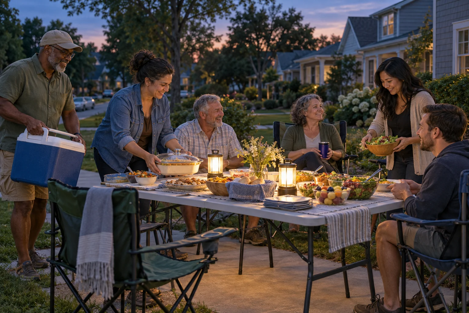 Neighbors share prepared food around a lantern-lit table on a residential sidewalk during a power outage.