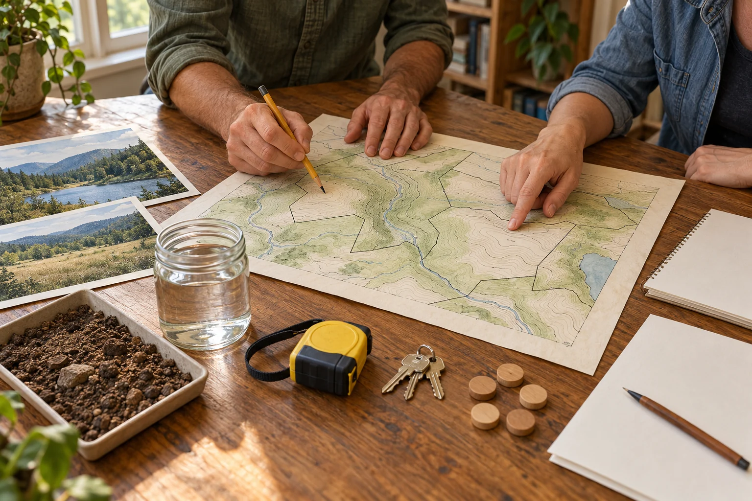 Two people compare a contour map with water, soil, access, and measurement information while evaluating land.