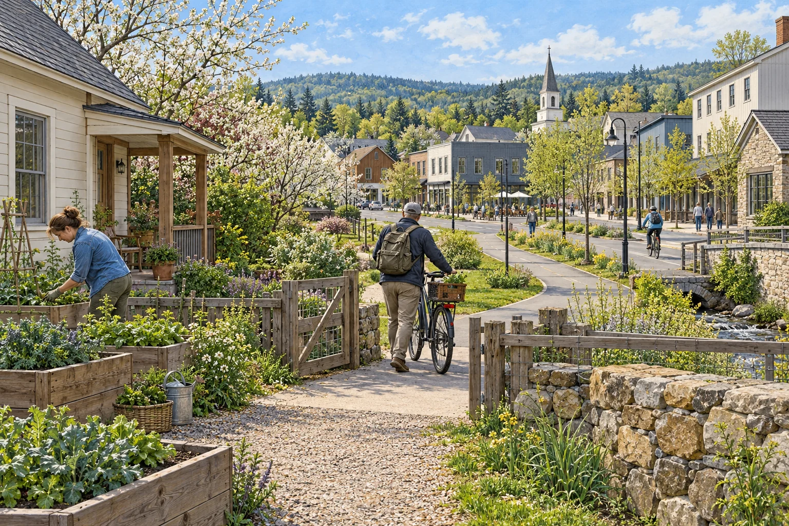 A home garden at the rural edge connects by a short path to an active small town nearby.