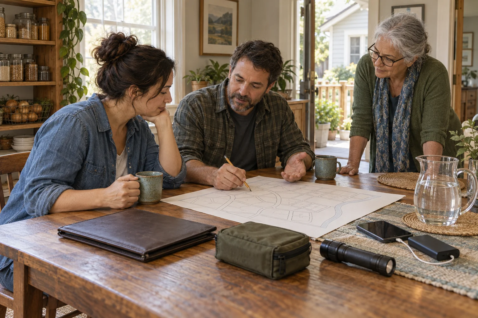 Three adults calmly review an unlabeled neighborhood map with household documents, a flashlight, water, first aid supplies, and backup phone power.