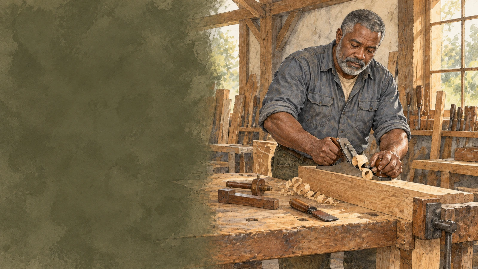 Wade Parker planes a securely clamped board at a traditional wooden workbench
