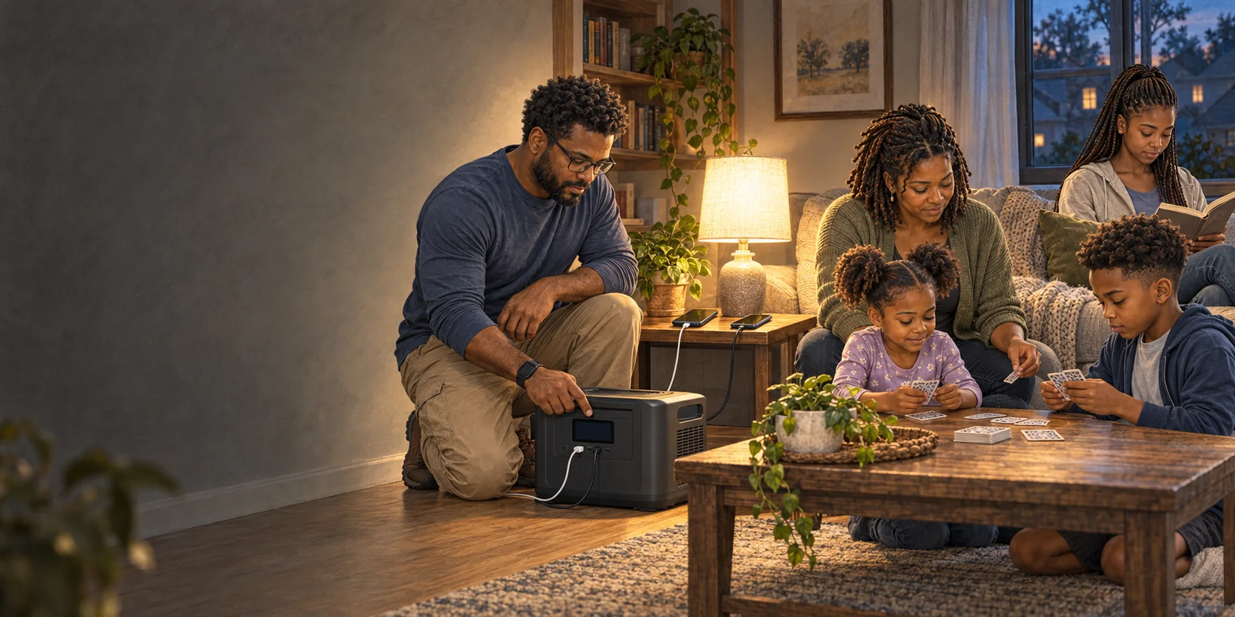 Marcus Carter checks a portable power station while Renee, Jordan, Micah, and Nia spend a calm evening together during an outage.